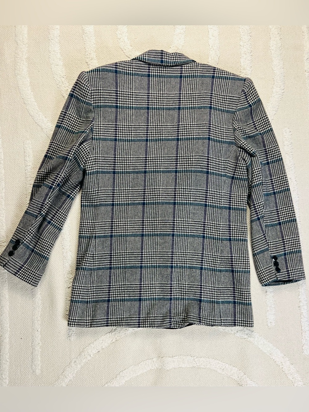 Vintage 90s Glen Plaid Boyfriend Blazer – Black, White & Teal – M/L - Picture 4 of 13